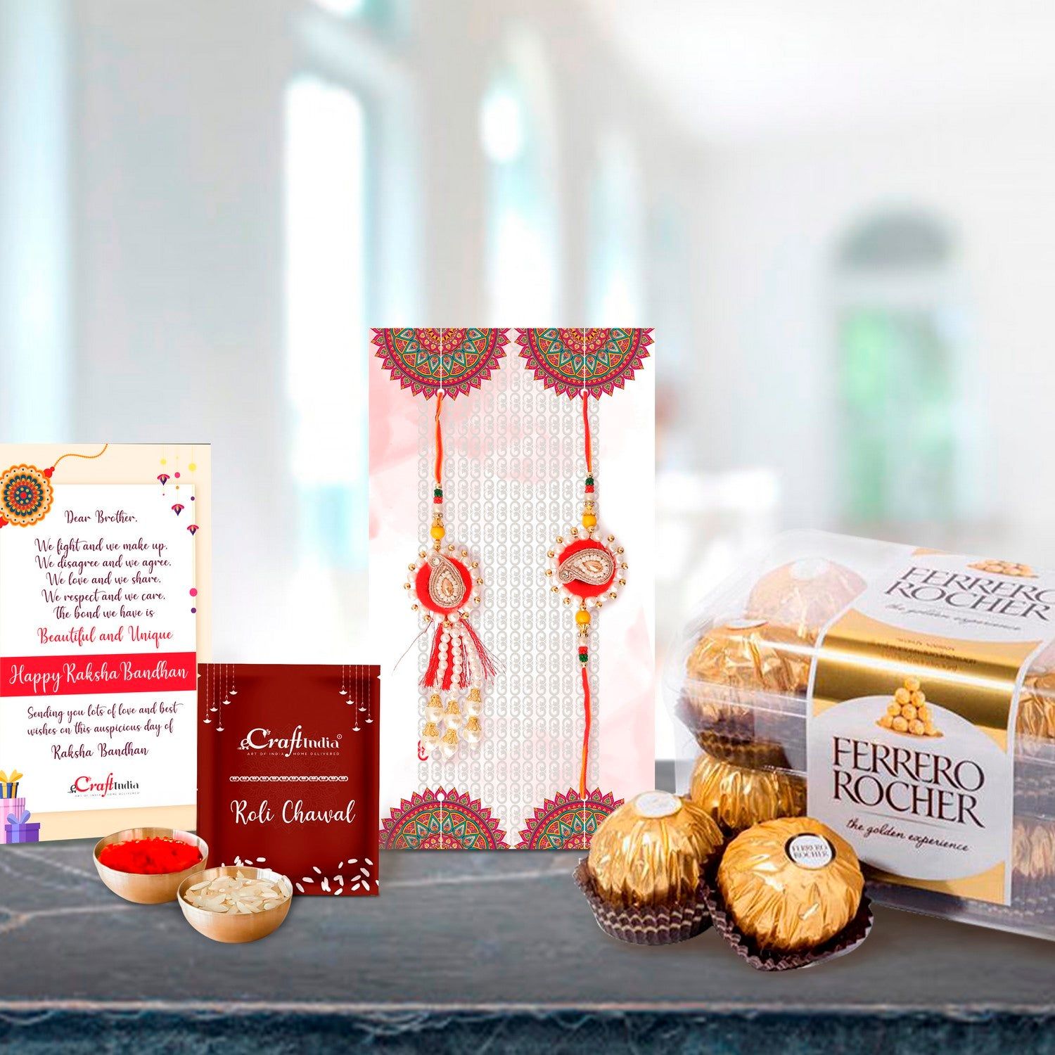 Bhaiya Bhabhi Rakhi with Ferrero Rocher (16 pcs) and Roli Chawal Pack, Best Wishes Greeting Card