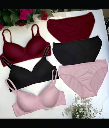 EASTERN CLUB Pack of 3 Cotton Blend Bra & Panty Set For Women ( Black,Pink,Tan )