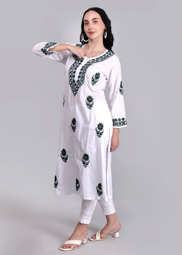 Chikankari in Mul cotton Kurta for Women - White with Green