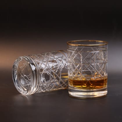 Crystal Handmade Diamond Cut Whiskey Glass with Gold Rim - Set of 2-Whiskey Glass