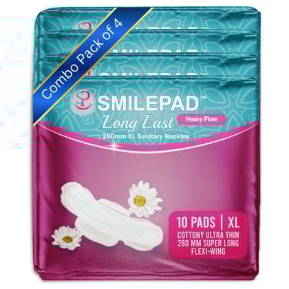 Smilepad Long Last Sanitary Pads for Women | 280mm XL Size Cottony Ultra-thin Sanitary Napkins with Long Flexi Wings for Extra Coverage | Combo Pack of 4 - (40 Pads)
