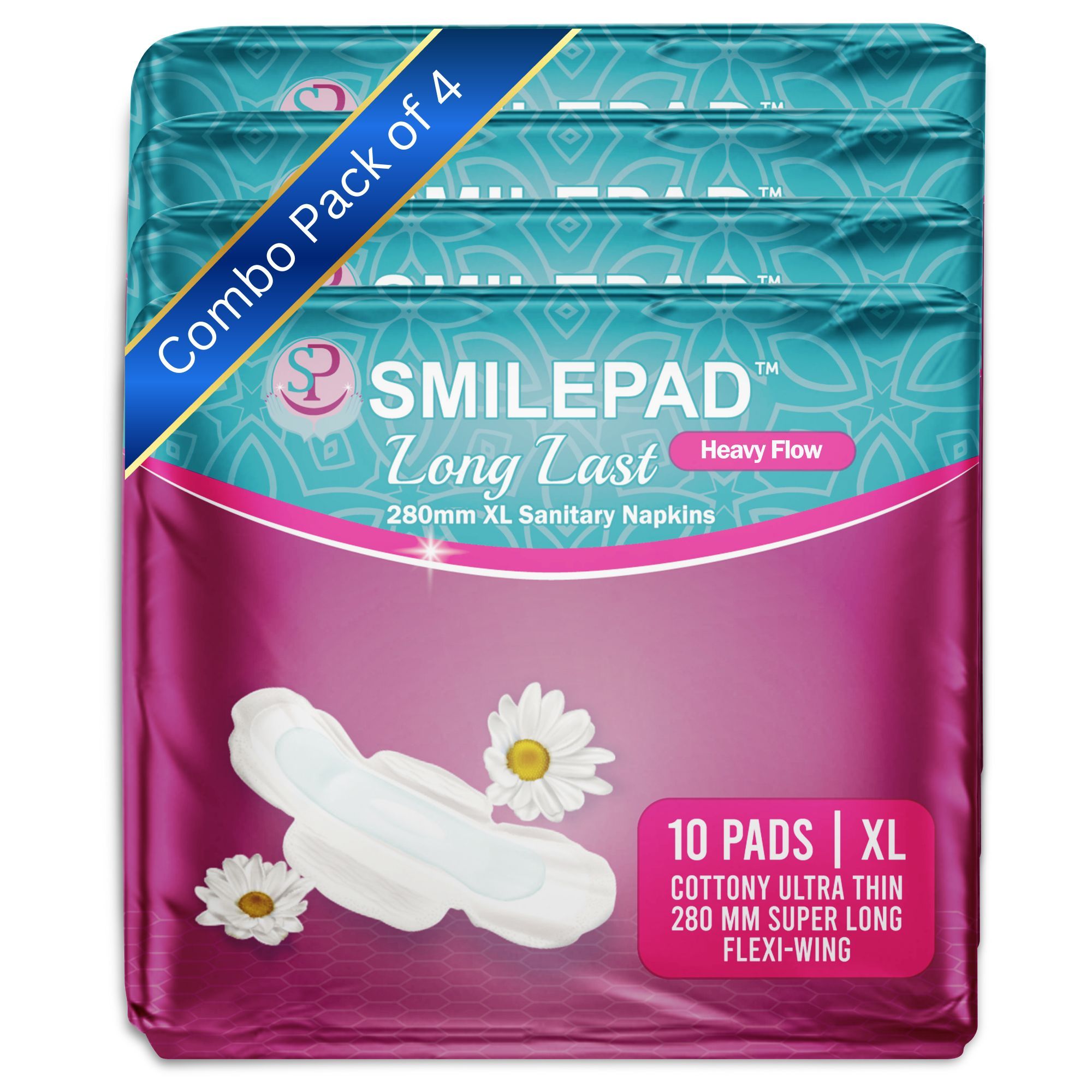 Smilepad Long Last Sanitary Pads for Women | 280mm XL Size Cottony Ultra-thin Sanitary Napkins with Long Flexi Wings for Extra Coverage | Combo Pack of 4 - (40 Pads)