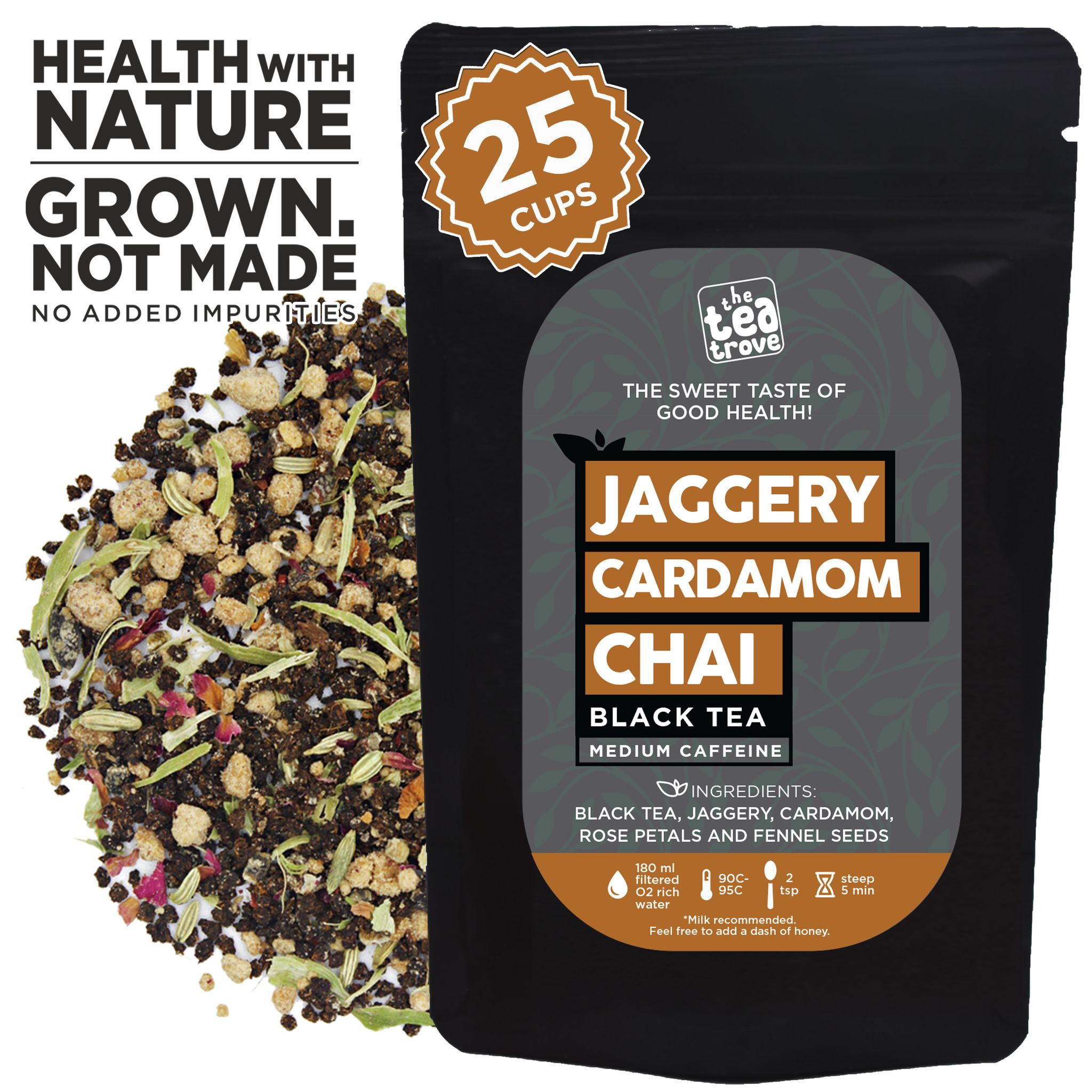 The Tea Trove Jaggery Organic Cardamom Tea Loose Leaf, 100% Organic Chai Tea with Cardamom, Rose petals, fennel and Jaggery for Flavorful Hot Tea for Digestion or Iced Masala Chai- (100 gm,25 Cups)