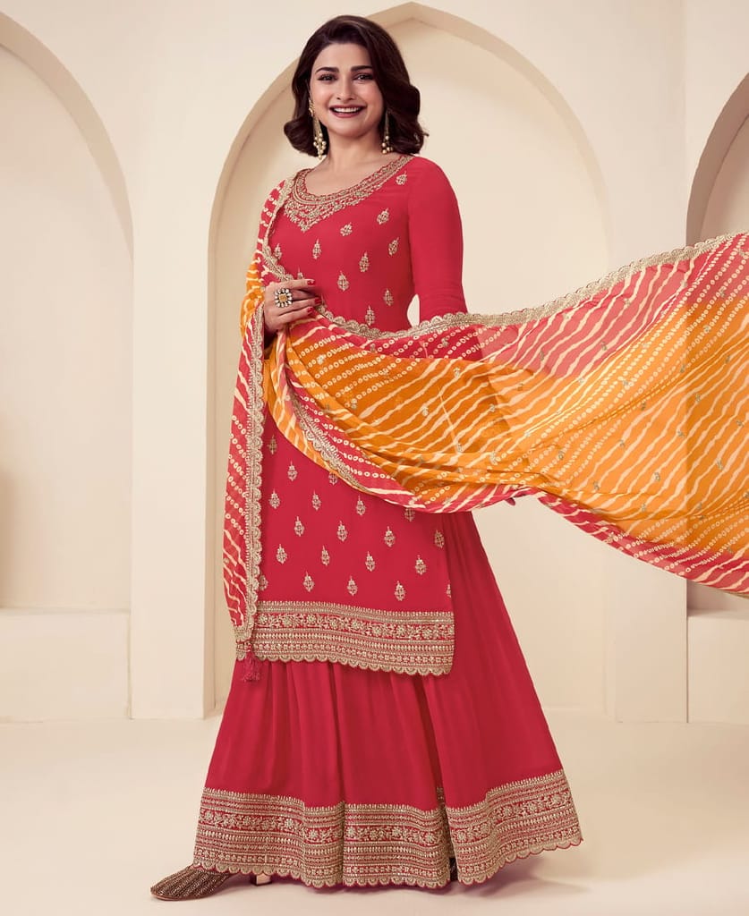 designer red chinon straight suit for women ethnic wear