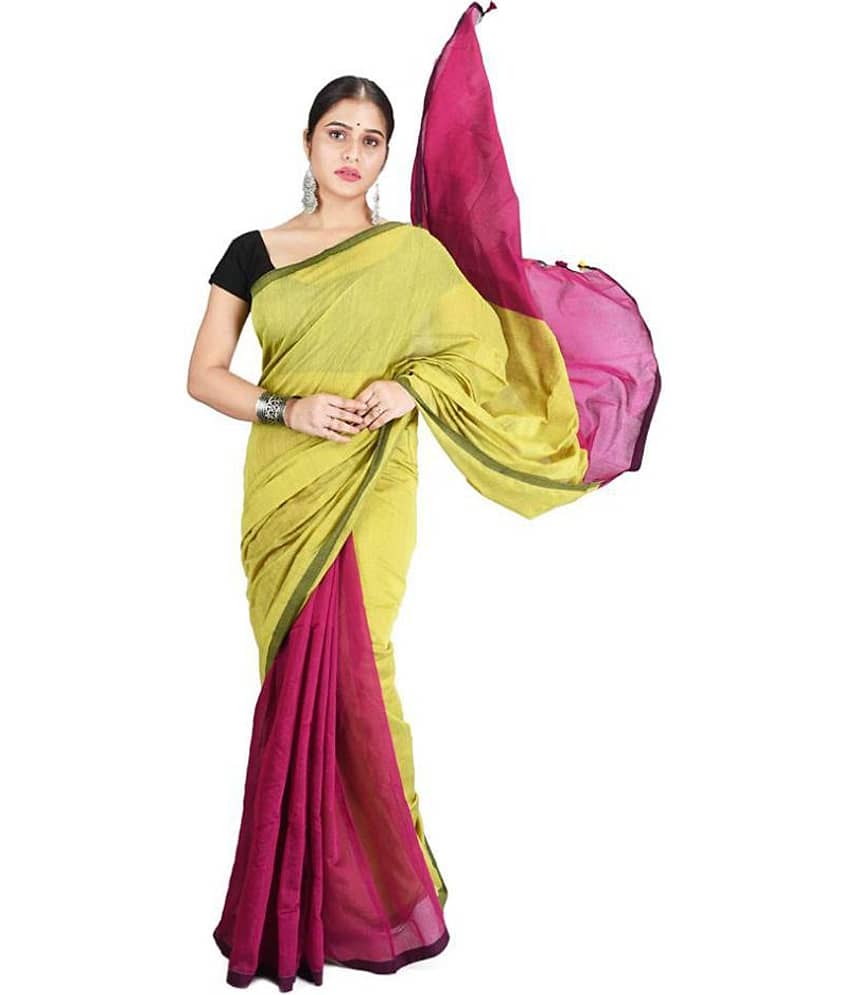 Desh Bidesh Cotton Solid Saree With Unstitched Blouse Piece ( Green,Pink,Yellow )