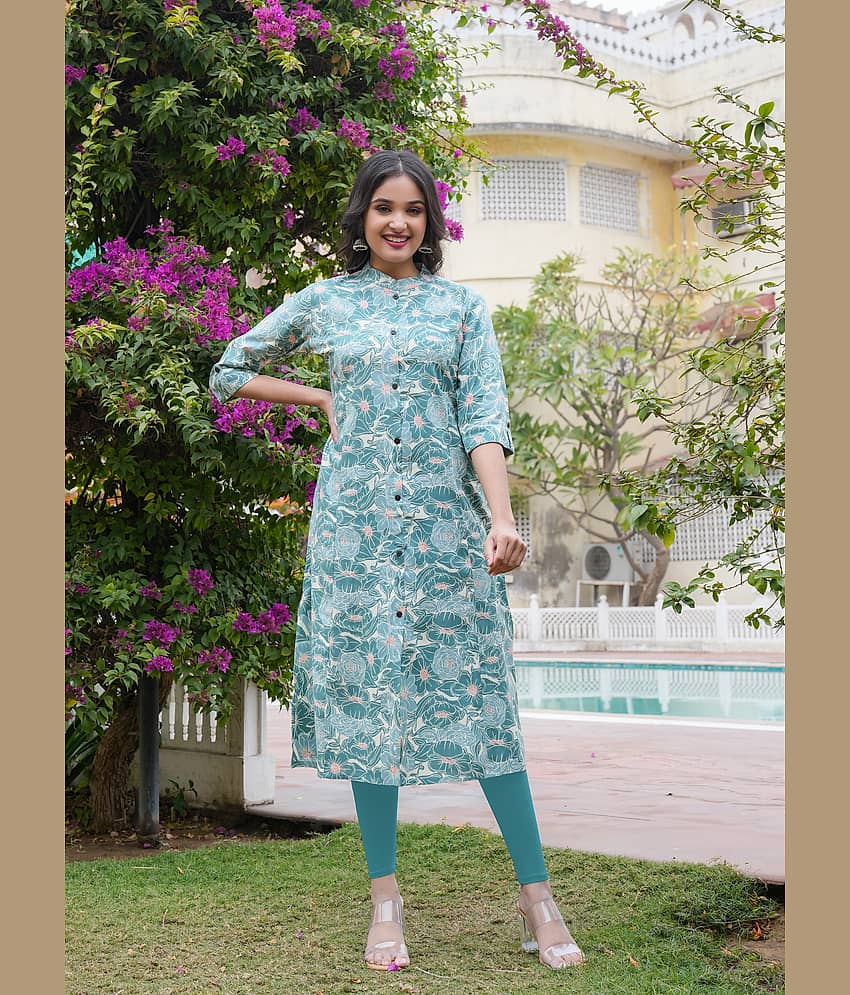 Vbuyz Rayon Printed Front Slit Women's Kurti - Blue ( Pack of 1 )