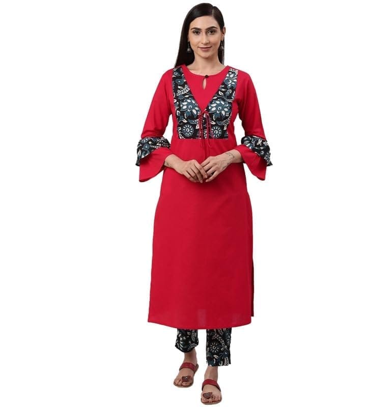 Women's Casual Bell Sleeves Floral Printed Cotton Kurti Set (Rani Pink, S)-PID48567