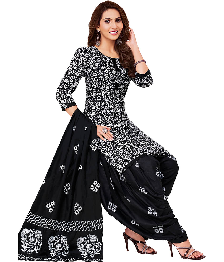 shree jeenmata collection Women Cotton Printed Straight Kurti With Patiala Salwar ( Black )