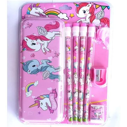 Nanha Bazaar Unicorn Stationary Gift Set For Kids Unicorn Metal Pencil Box With Unicorn Pencil Sharpener Rubber Birthday Gift Set For Kids, pink