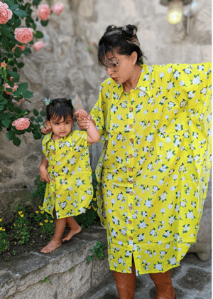 Cotton Malmal Kaftan Dress - Neon Jasmine-0-6 months