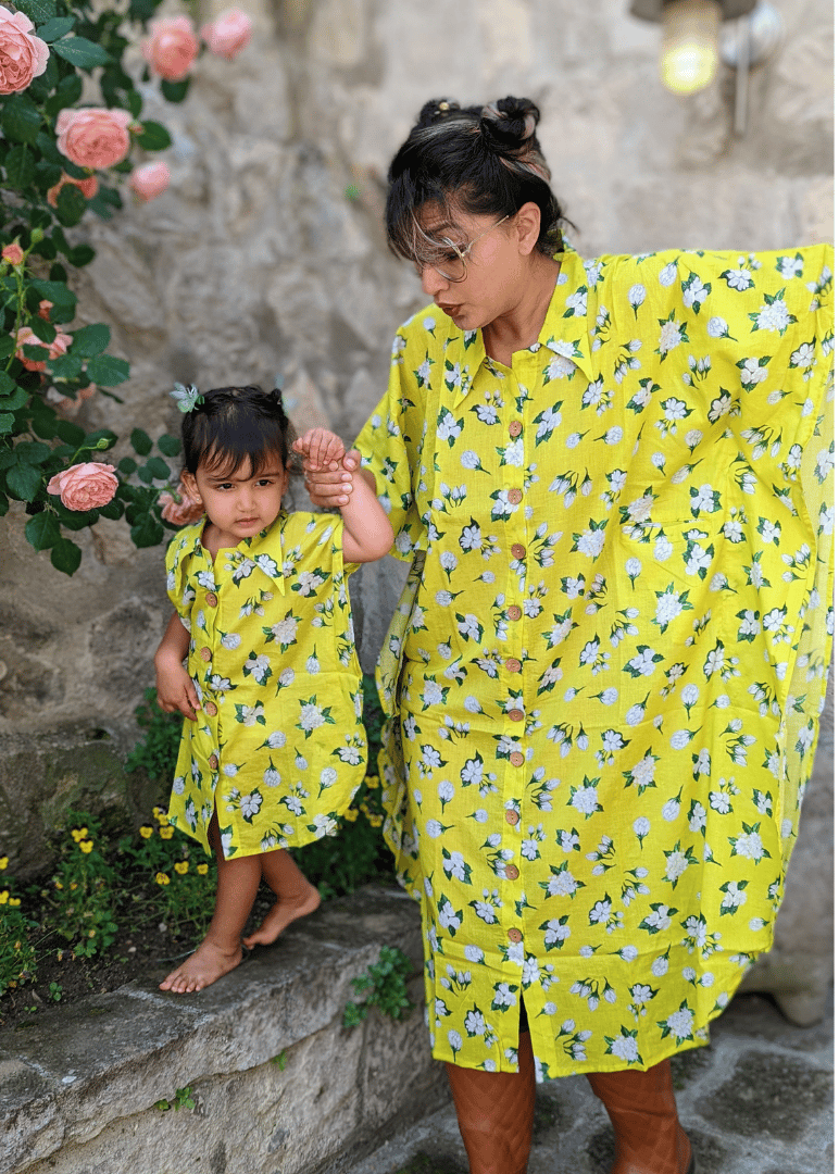 Cotton Malmal Kaftan Dress - Neon Jasmine-0-6 months
