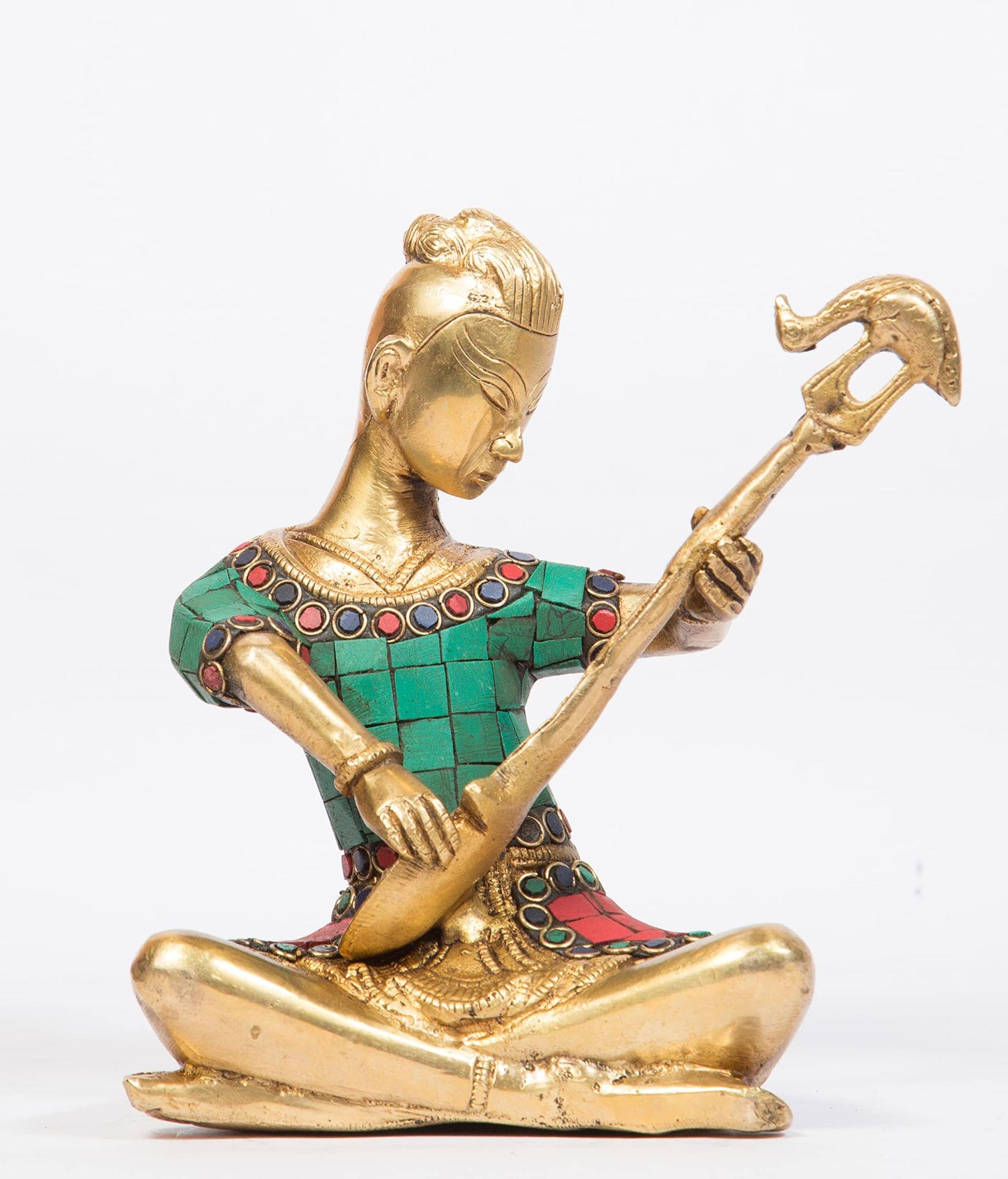 Arihant Craft� Musician Lady Sitting with Sitar Idol Musical Instruments Statue Sculpture Turquoise Gem Stone Hand Craft Showpiece � 16 cm (Brass, Multicolour)