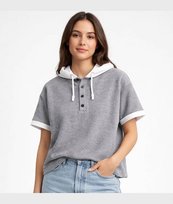 RodZen Women Poly Cotton Oversized Fit Hooded T-Shirt ( Grey )