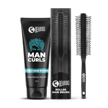Beardo Man Curls Curly Hair Styler 100g & Roller Hair Brush | Curly Hair Cream for Bouncy, Shiny & Defined Curls | Perfect Tool for Efficient Blow Drying, Adding Curls, Waves & Volume | Define Curls, Control Frizz & Wavy Hair Easily | Set of 2 Beardo Man