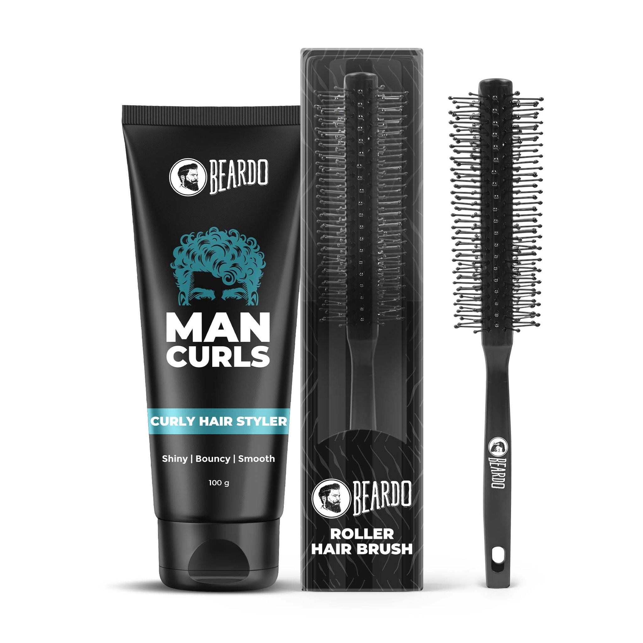 Beardo Man Curls Curly Hair Styler 100g & Roller Hair Brush | Curly Hair Cream for Bouncy, Shiny & Defined Curls | Perfect Tool for Efficient Blow Drying, Adding Curls, Waves & Volume | Define Curls, Control Frizz & Wavy Hair Easily | Set of 2 Beardo Man