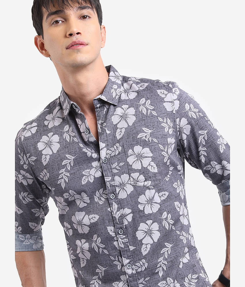 Ketch 100% Cotton Slim Fit Printed Full Sleeves Men's Casual Shirt - Grey ( Pack of 1 )