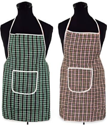 CreadCraft Cotton Checks Kitchen Apron with 1 Center Pocket ( Pack of 2 )