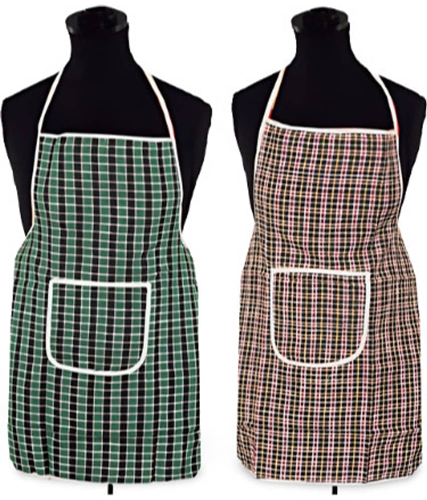 CreadCraft Cotton Checks Kitchen Apron with 1 Center Pocket ( Pack of 2 )