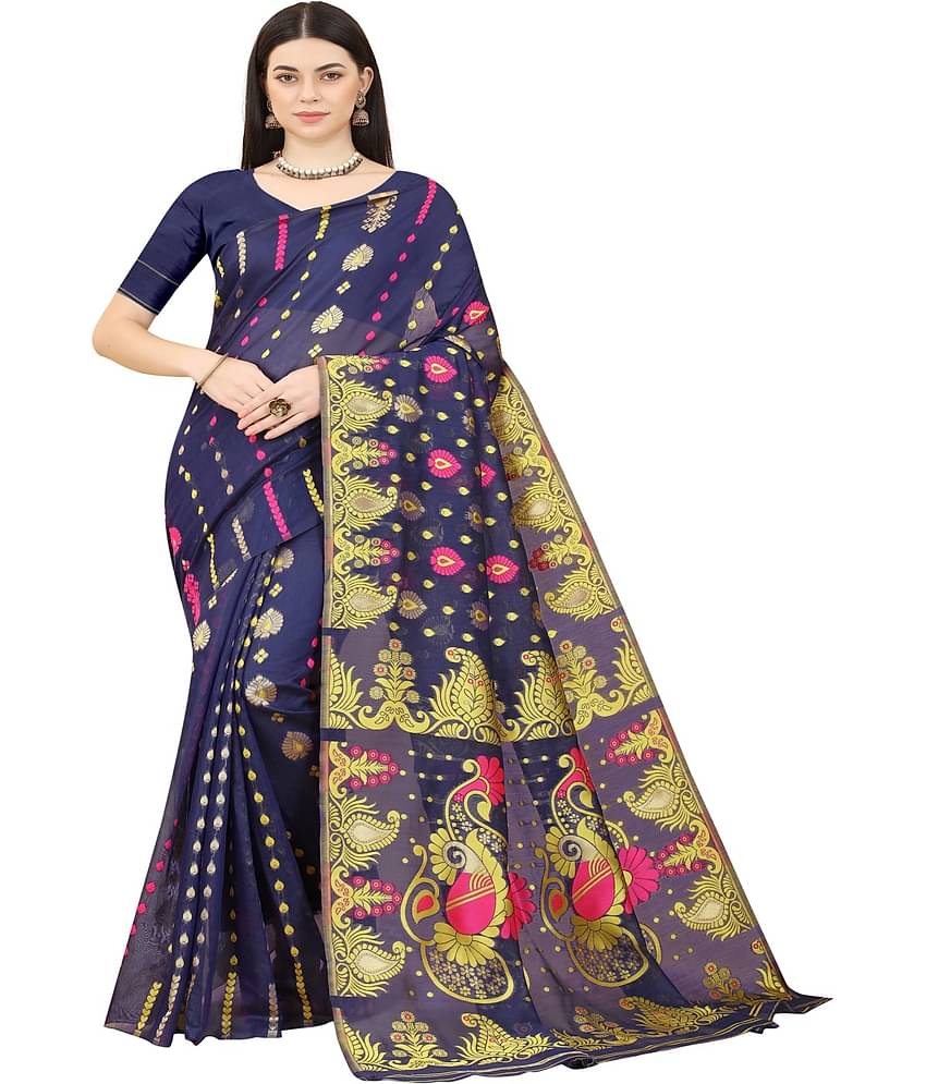 NENCY FASHION Cotton Embroidered Saree With Unstitched Blouse Piece ( Blue )