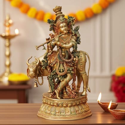 Brass Krishna With Cow Big Idol (BSMAS690 A)