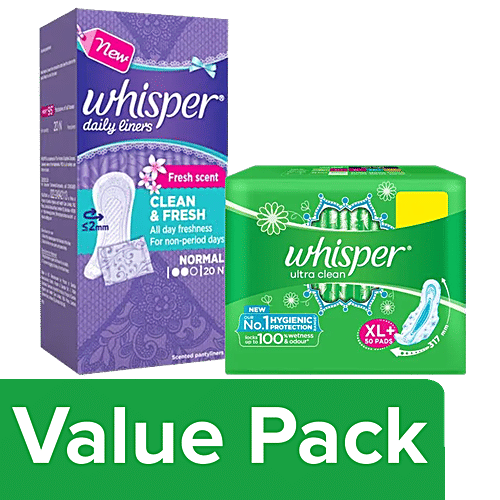 Whisper Ultra Clean Sanitary Pads XL+ 50pcs + Daily Liners - Clean & Fresh 20s Pack, Combo 2 Items