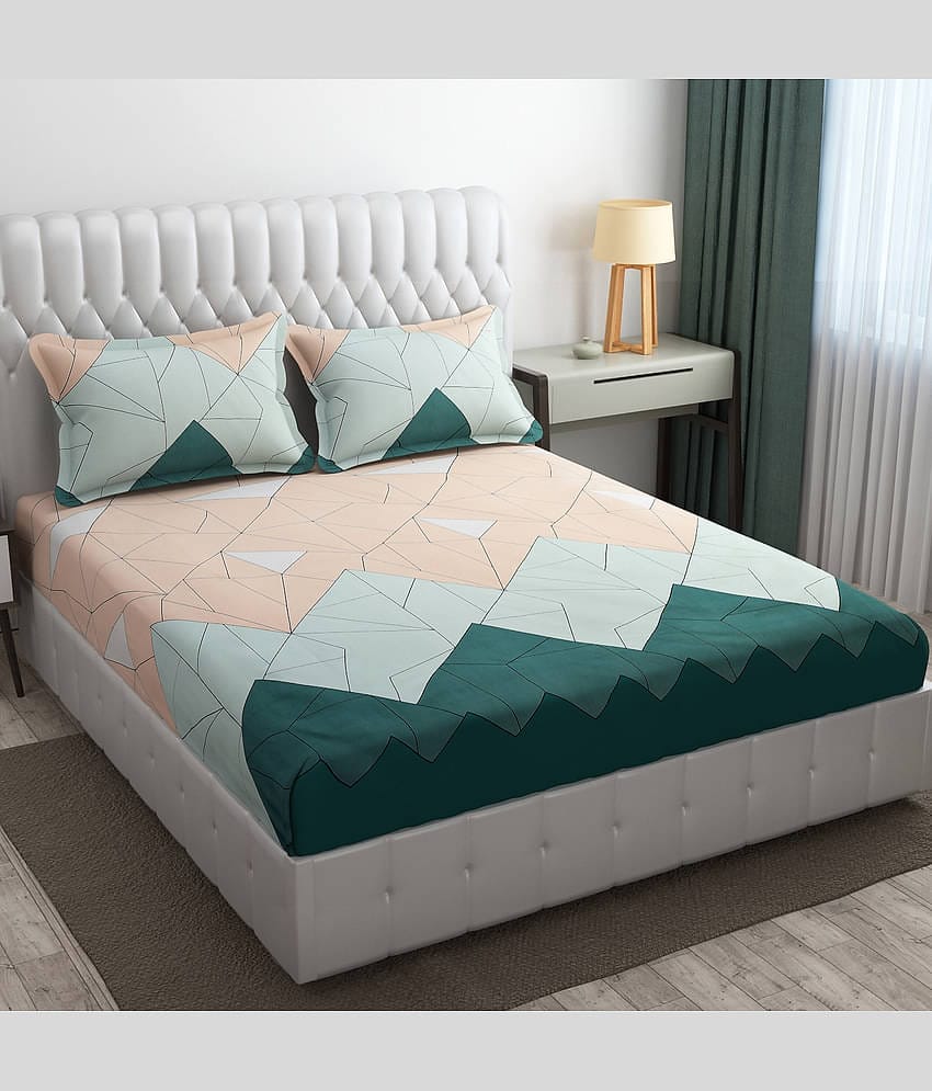 SHOMES Cotton Abstract Fitted 1 Bedsheet with 2 Pillow Covers ( Double Bed ) - Cream