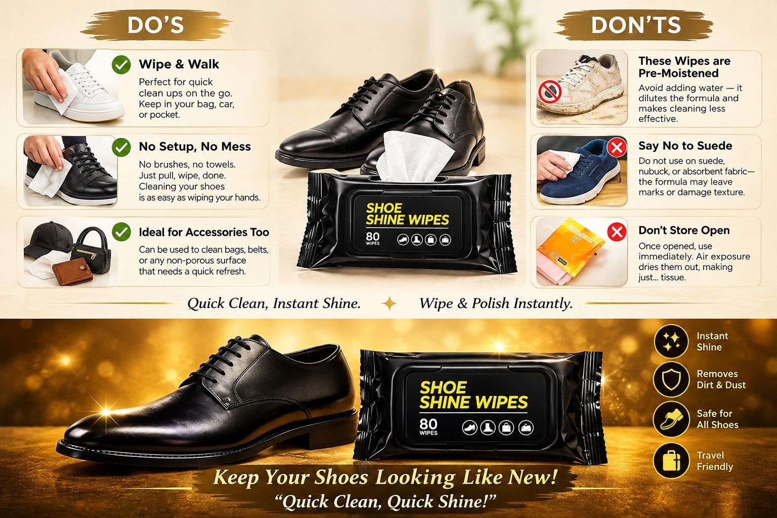 Shoe Cleaning Wipes | Instant Shoe Cleaner & Shine Wipes | Pre-Moistened Cleaning Wipes for Shoes & Accessories