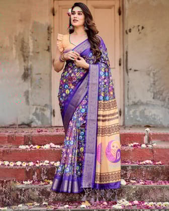 Royal Purple Tussar Silk Saree with Vibrant Floral Print and Peacock Motif Pallu-Regular