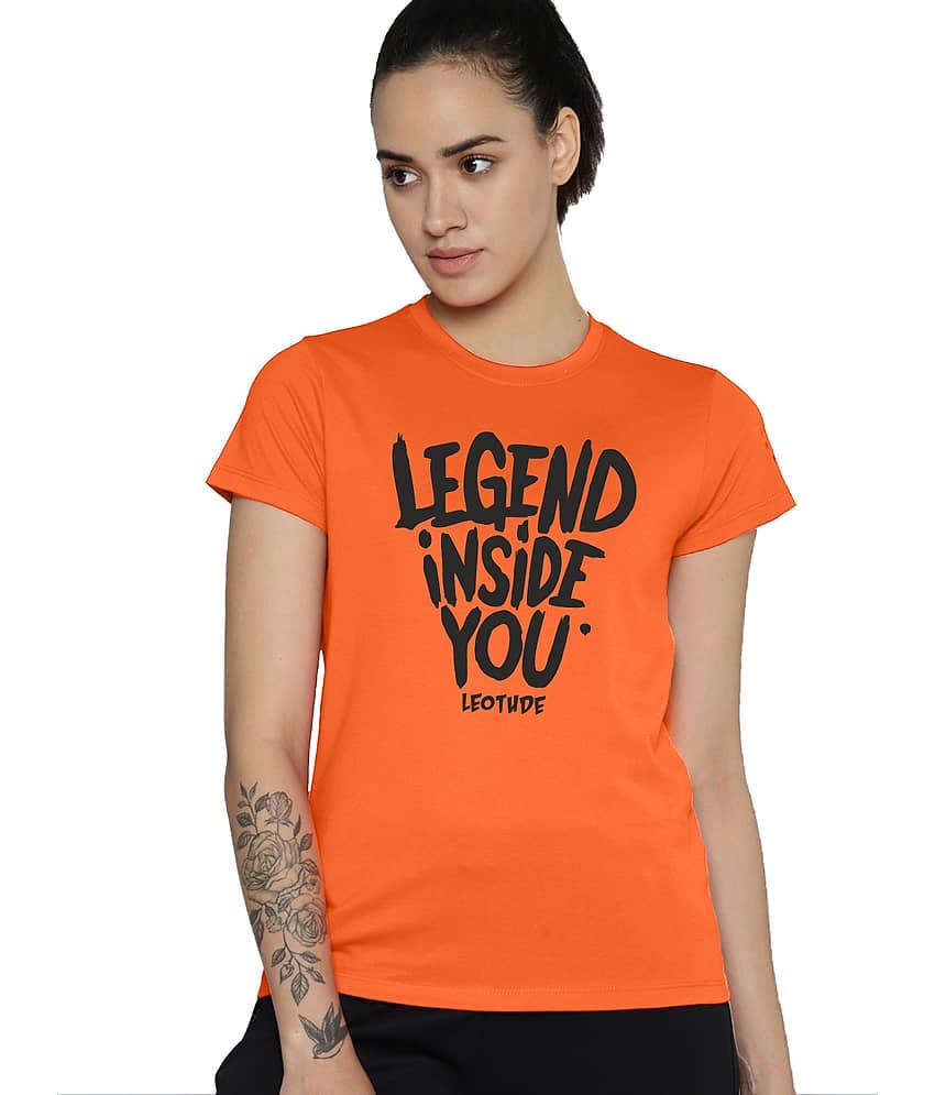 Leotude Women Polyester Printed Oversized Fit Round Neck T-Shirt ( Orange )