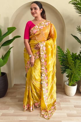 Sunglow Yellow Embroidered Work Pure Crush Silk Saree