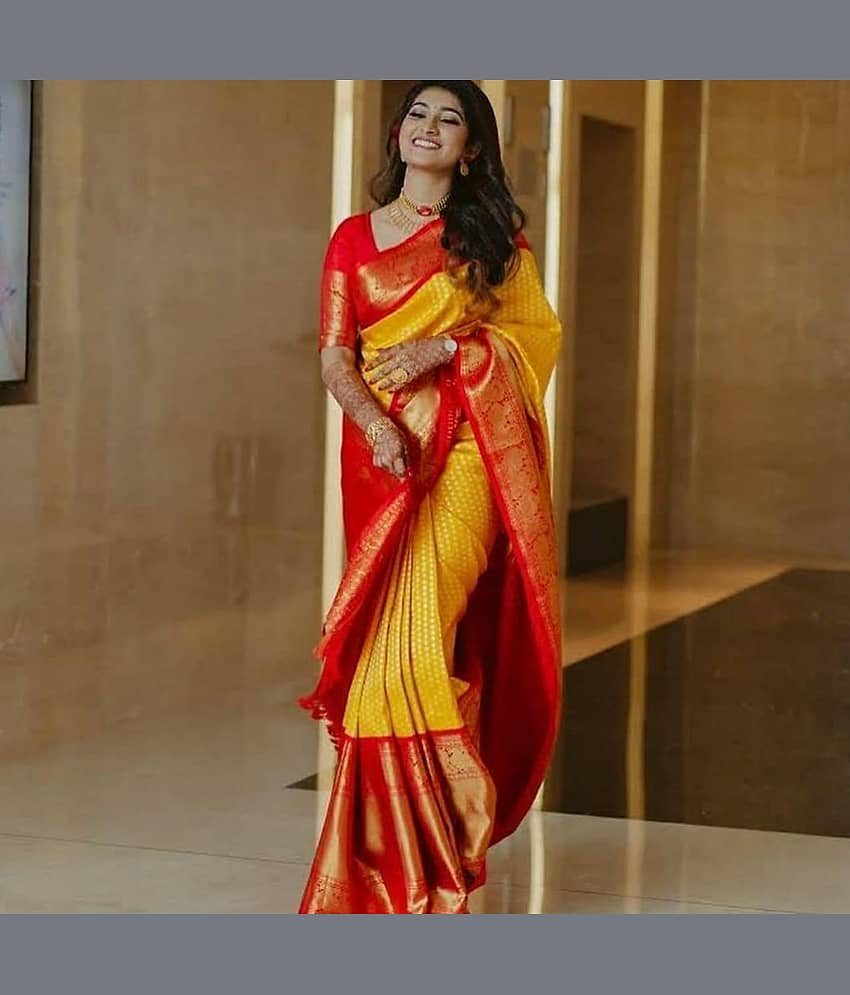 fab woven Art Silk Woven Kanjeevaram Sarees With Unstitched Blouse Piece ( Yellow )