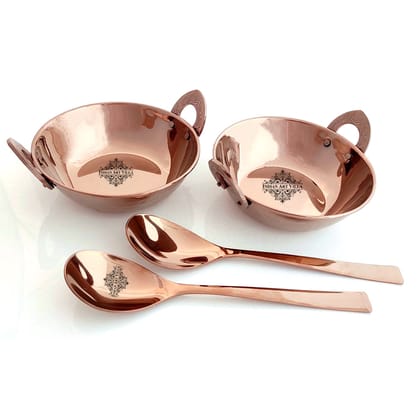 IndianArtVilla Steel Serving Set with Rose Gold Finish D/W Hammered Kadhai, Serving Spoon x2, 4 Pieces