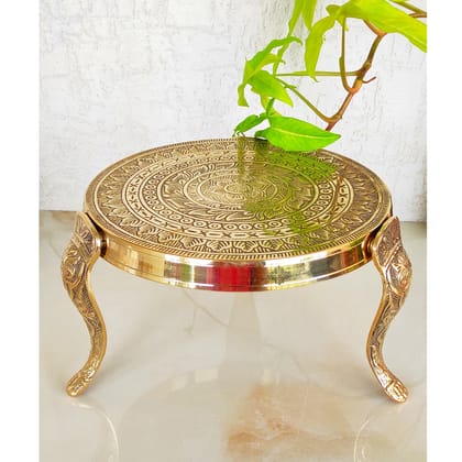 Indian Art Villa Handmade Brass Nakasi 3 Step Round Chowki, Poojan Temple Home-Small