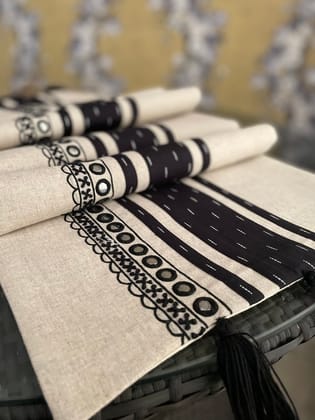 KRI India Black or White Reflect Tasselled Table Runner | Black & Off White | 14x70 inches | Wash & Care | 100% Cotton | Handcrafted in India. 100% organic & natural.