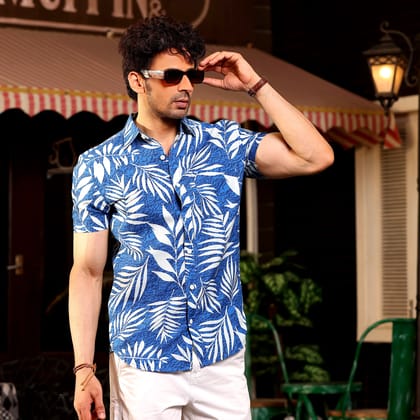 Tropical Leaves Steel Blue Casual Pure Linen Half Shirt (Size - S) by BLUE EAGLE