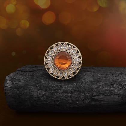 Bright Orange Color Kundan Ring For Women-Ring_Size_Adjustable | Diameter Length: 3.00 CM x Width: 3.00 CM / Orange / Alloy With Good Quality Mehndi Gold Plated
