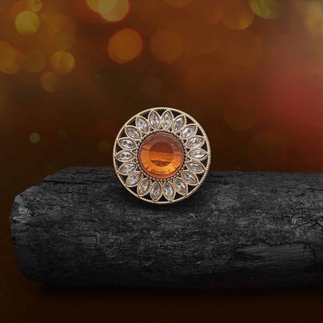 Bright Orange Color Kundan Ring For Women-Ring_Size_Adjustable | Diameter Length: 3.00 CM x Width: 3.00 CM / Orange / Alloy With Good Quality Mehndi Gold Plated