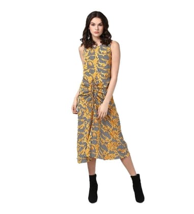 Women's Polyester Chain Print Sleeveless Below Knee Dress (Yellow - Black, L)-PID55760 Women's Polyester Chain Print Sleeveless Below Knee Dress (Yellow - Black, L)-PID55760