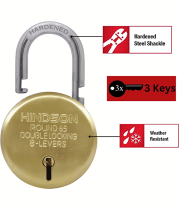 HINDSON Lock Gold Round 65mm with 3 Key, Link Steel Double Locking, 8 Lever Padlock for Door, Brass Gate, Shutter ( Finish Gold )