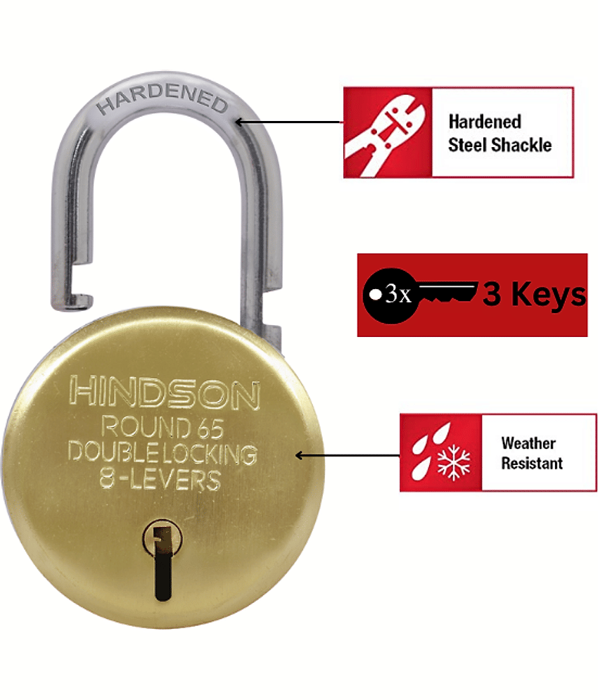 HINDSON Lock Gold Round 65mm with 3 Key, Link Steel Double Locking, 8 Lever Padlock for Door, Brass Gate, Shutter ( Finish Gold )