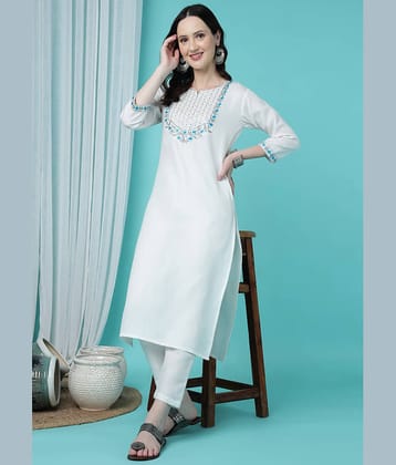 TRAHIMAM Cotton Blend Embroidered Kurti With Pants Women's Stitched Salwar Suit - White ( Pack of 1 )