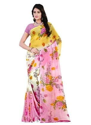 Printed Faux Georgette Pink Color Saree