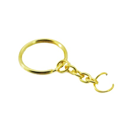Keychain Making Steel Ring Base With Chain 24mm Dia Round Gold Color (Pack of 10 pieces)-10 Pieces