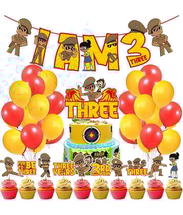 Zyozi Little Singham Party Supplies,Litlle Singham 3rd Birthday for Boys with I AM THREE Banner Cake Topper Cupcake Toppers Balloons Birthday Decoration Kit (Pack of 37)