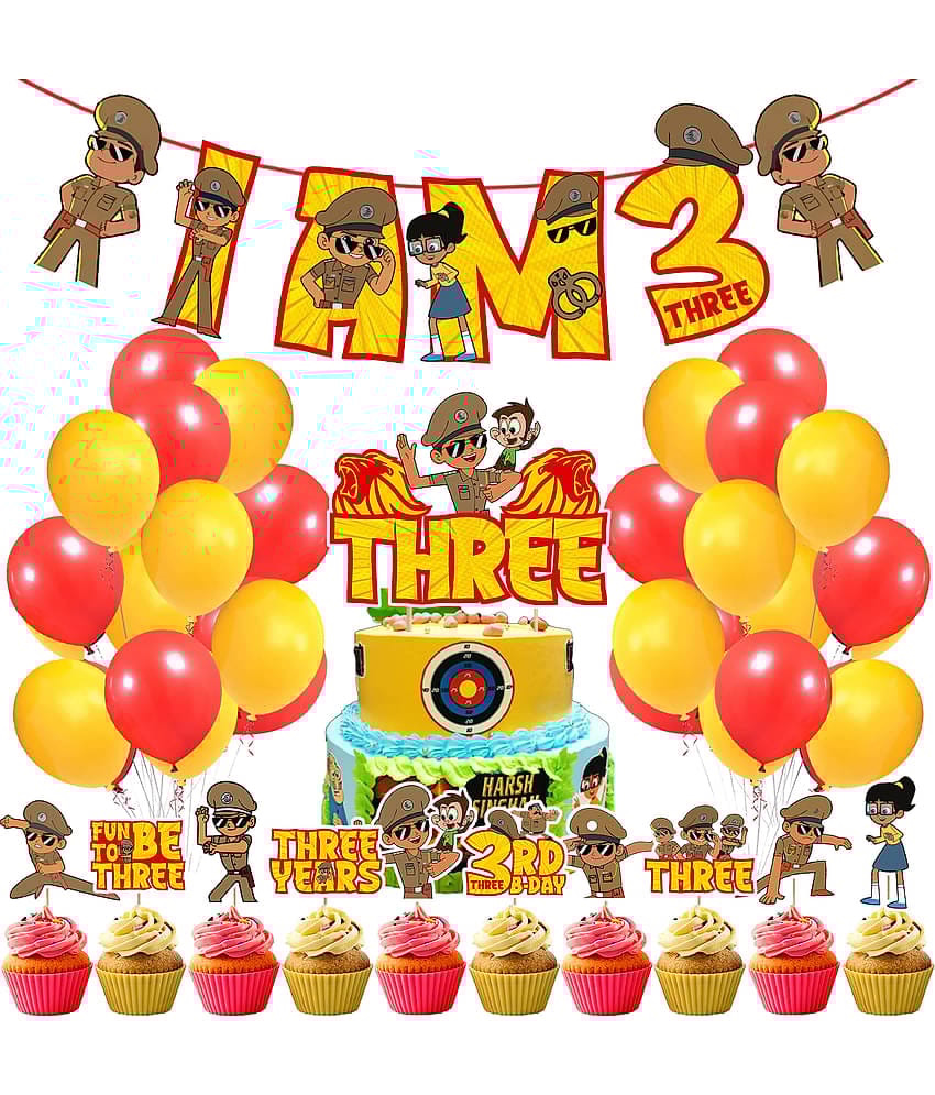 Zyozi Little Singham Party Supplies,Litlle Singham 3rd Birthday for Boys with I AM THREE Banner Cake Topper Cupcake Toppers Balloons Birthday Decoration Kit (Pack of 37)