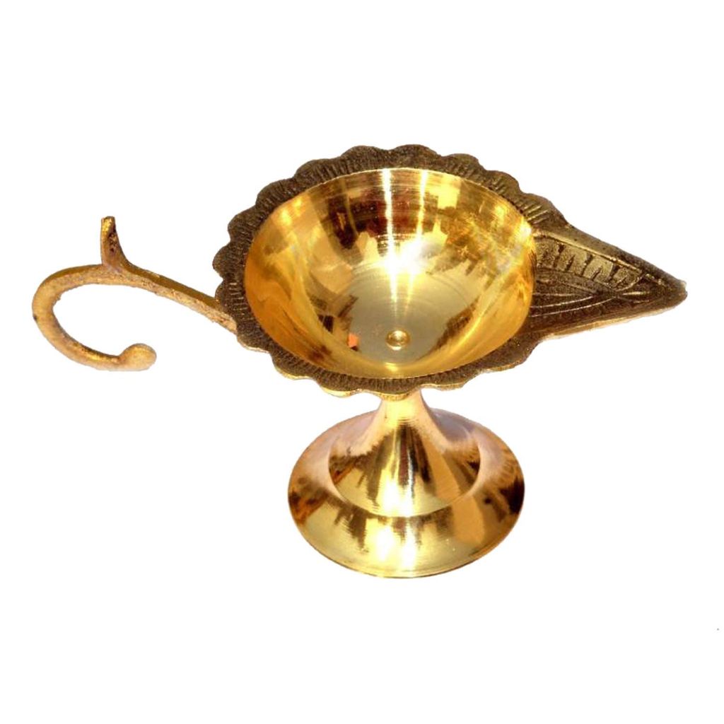 Nawani Brass Table Diya, Puja Diya with Curved Brass Handle for Grip (Set of 1), Size - 2.2/5 inch - Pooja Needs | Buy online on ZillyBuy
