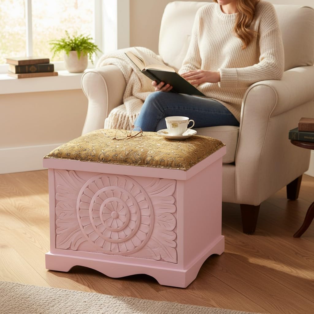 PREET GALLERY Wooden Vintage Elegance Heritage Glory Trunk Box, Regal Chest Trunk Box Blanket storage with cultural Coastal Seagull Design, (cushion fitting) | Nursery & Playroom Organizer