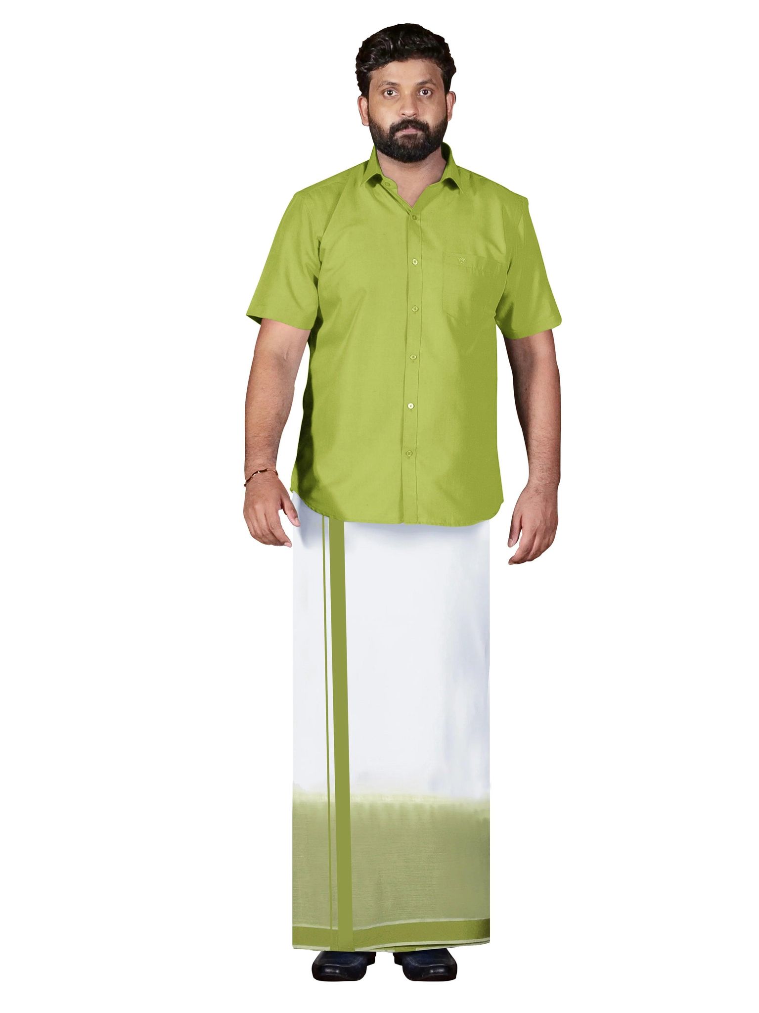 Dark Sea Green Two Tone Double Dhothie + Shirt Set Half Sleeve 43003-38