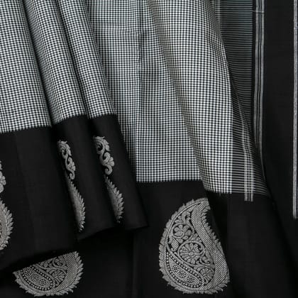 Black And White Checks Kanchipuram Silk Saree For Party Wear PV J 1783
