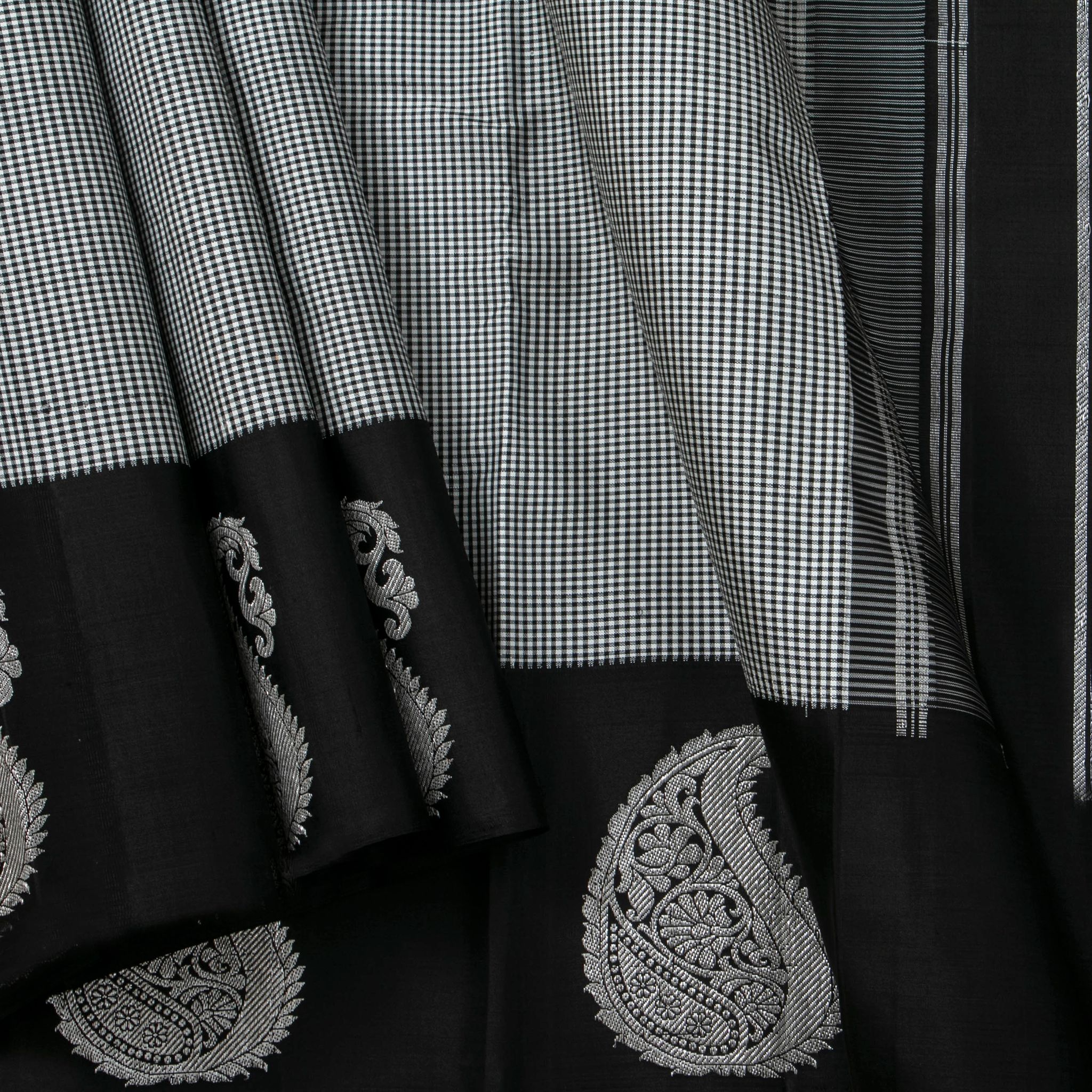 Black And White Checks Kanchipuram Silk Saree For Party Wear PV J 1783